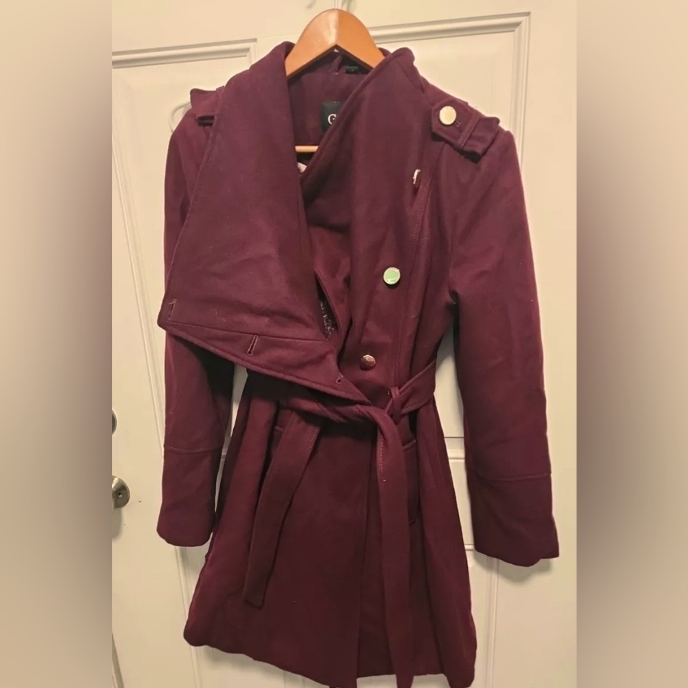 Guess Purple Trench Coat with Belted Waist and Wide Collar